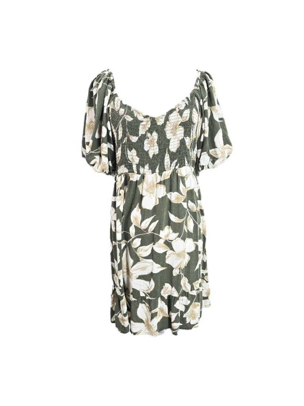 Maurices Olive Green Floral Smocked Puff Sleeve Babydoll Dress Women Size XL